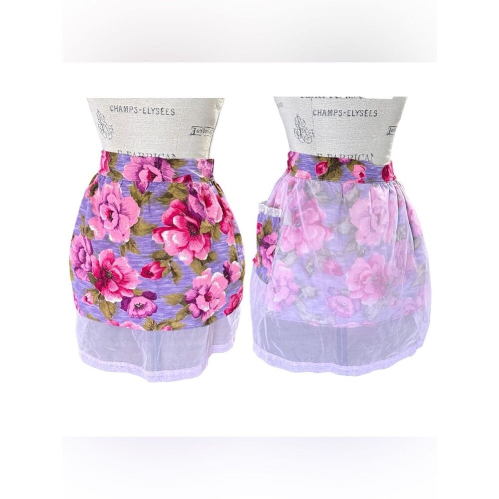 Vintage Reversible Handmade Floral Apron Pink Purple White Green Sheer Panel